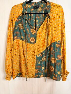 Vici Patchwork Tie-Neck Blouse in Mustard Yellow & Teal Floral